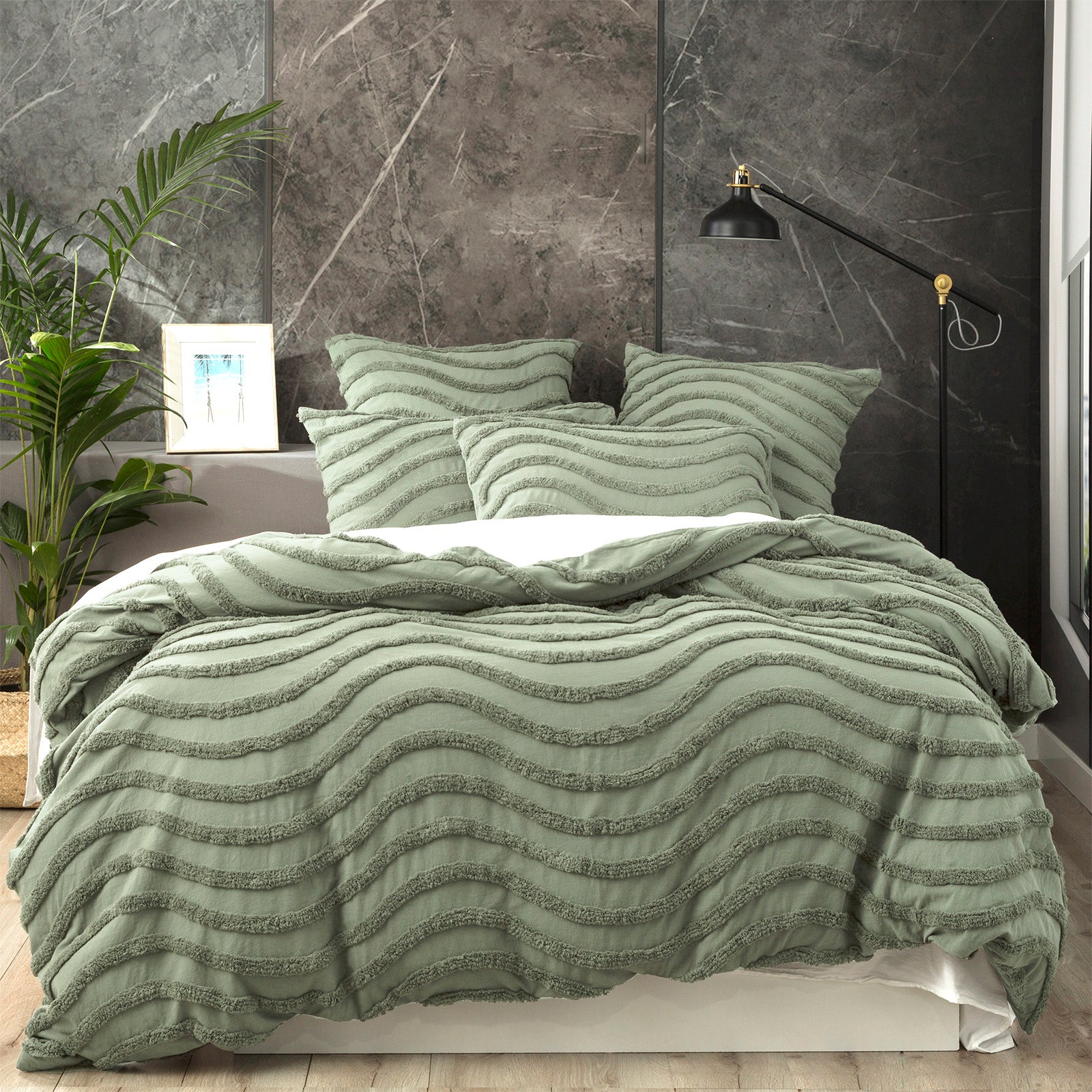 Chenille Wave 100% Cotton Vintage Washed Sage Tufted Quilt Cover Set by Cloud Linen King V107-SH319875