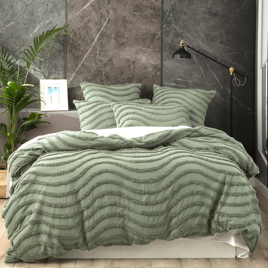 Chenille Wave 100% Cotton Vintage Washed Sage Tufted Quilt Cover Set by Cloud Linen King V107-SH319875