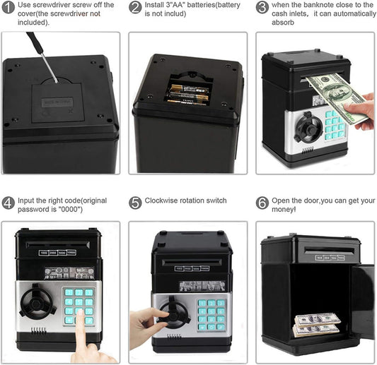 Toys for Kids Ages 5-7, 8-10, Electronic ATM Password Cash Coin Can Auto Scroll Paper Money Saving Box Toys V1079-SAVINGBANK001BLACK