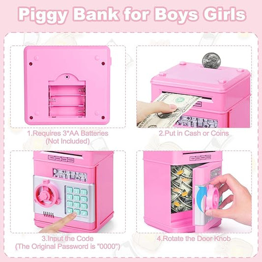 Toys for Kids Ages 5-7, 8-10, Electronic ATM Password Cash Coin Can Auto Scroll Paper Money Saving Box Toys V1079-SAVINGBANK001RED