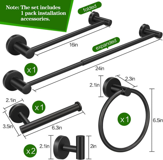 5pcs Matte Black Bathroom Hardware Set, Including 1pcs 24in Retractable Hand Single Towel Bar with 1pcs V1079-TOWEL524