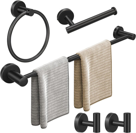 5pcs Matte Black Bathroom Hardware Set, Including 1pcs 24in Retractable Hand Single Towel Bar with 1pcs V1079-TOWEL524