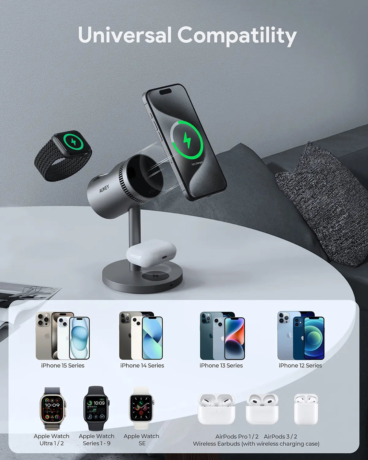 Aukey MagFusion 3-in-1 Pro Qi2 Magnetic Fast Wireless Charging Station with Active Cooling (LC-MC311A) V1089-LLTSAUN1059379