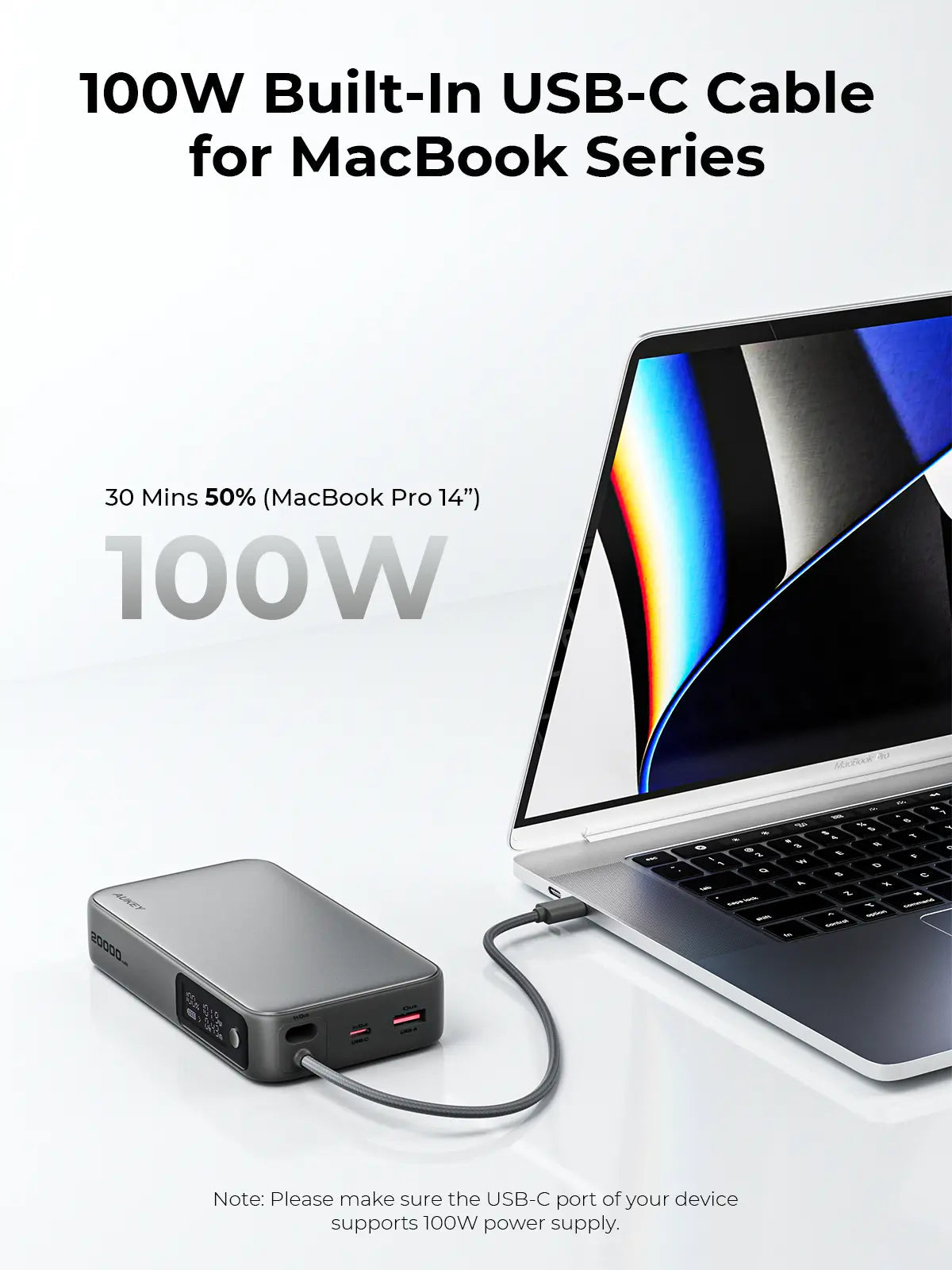 Aukey Spark Sling 20000 Compact Fast Charging Power Bank with Built-in USB-C Cable (PB-Y48) V1089-LLTSN1054705
