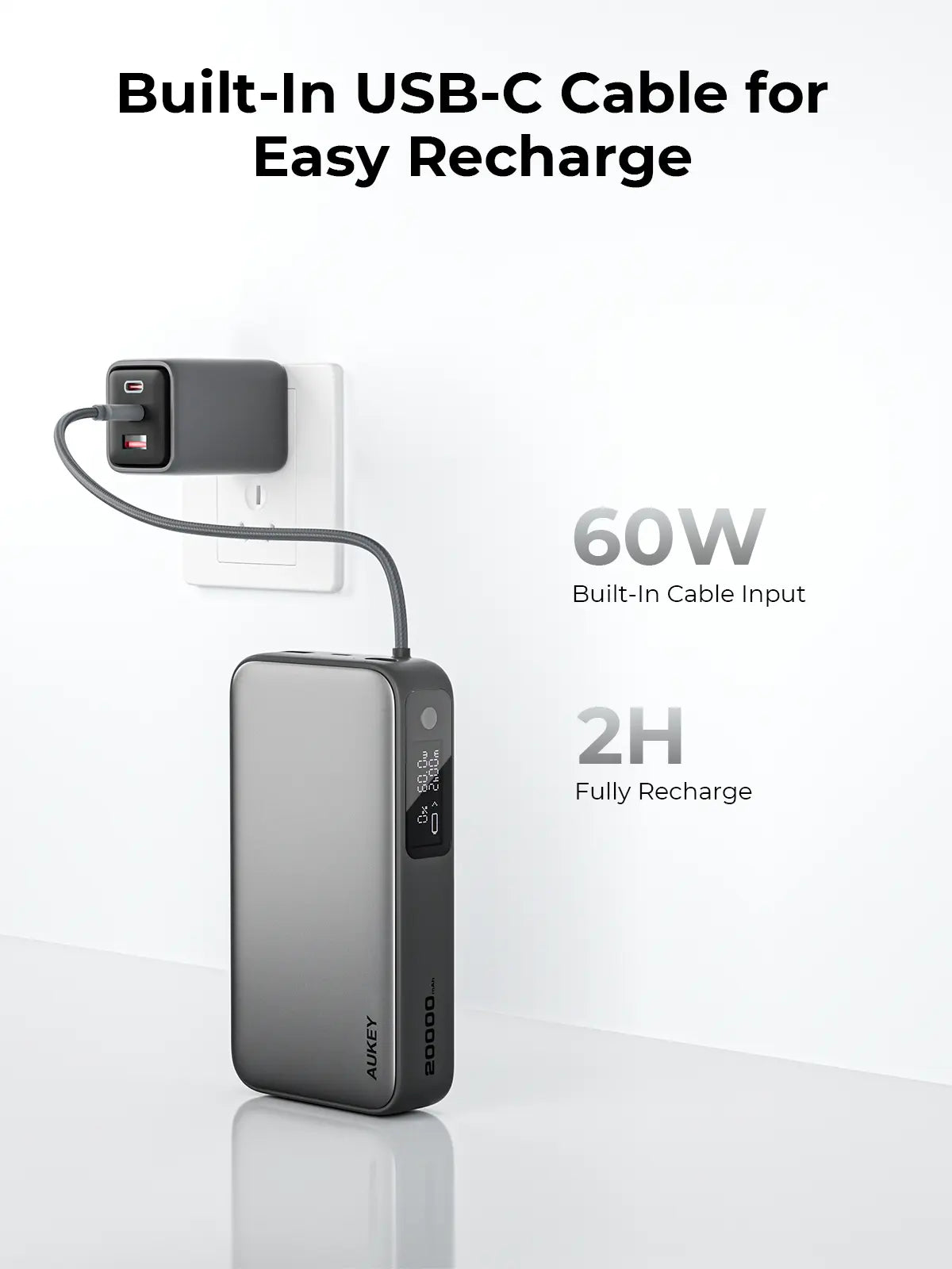 Aukey Spark Sling 20000 Compact Fast Charging Power Bank with Built-in USB-C Cable (PB-Y48) V1089-LLTSN1054705