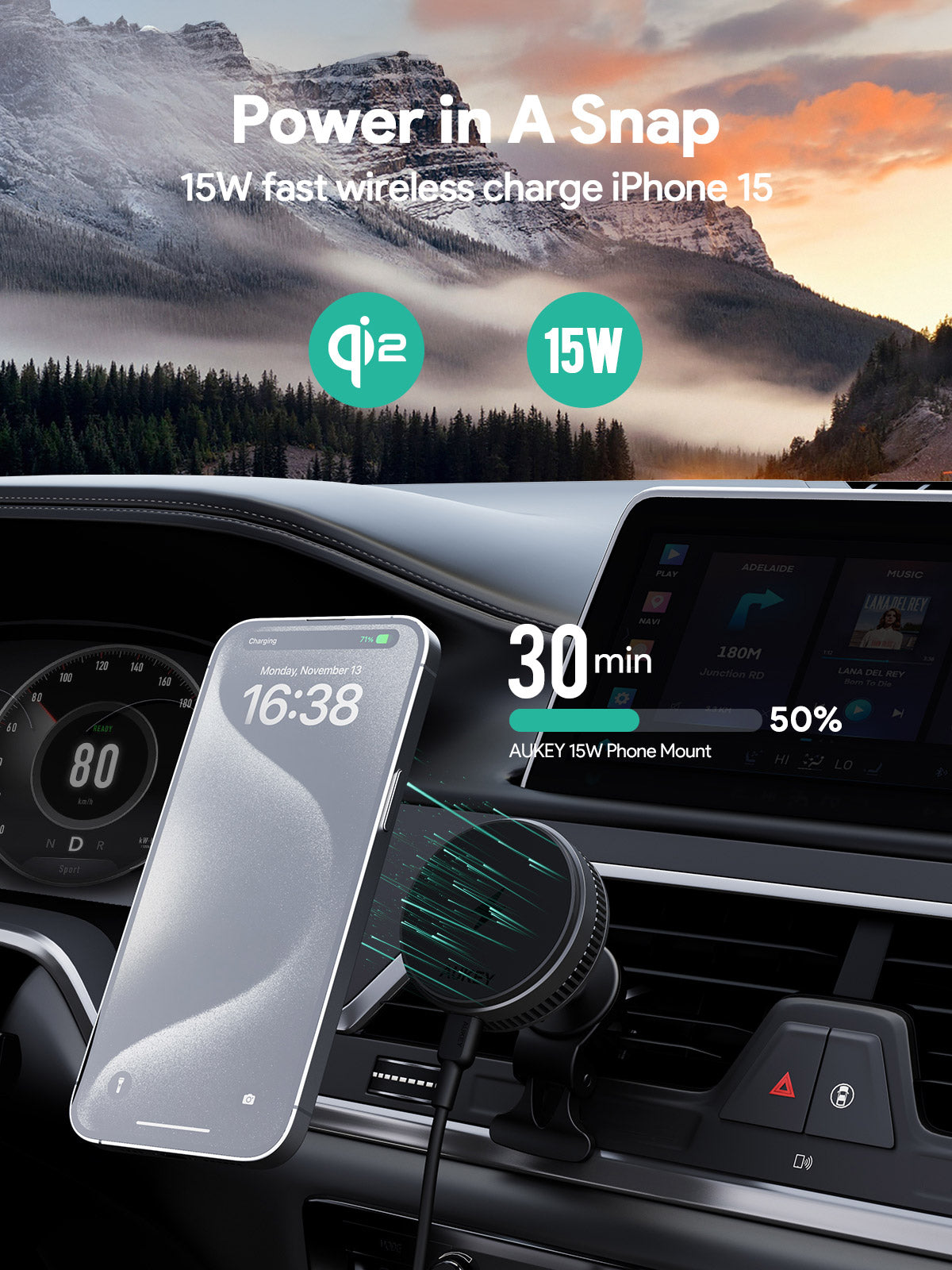 Aukey MagFusion Dash Pro Qi2 Magnetic Fast Wireless Charging Phone Mount with Active Cooling (HD-MC13A) V1089-LLTSN1055864