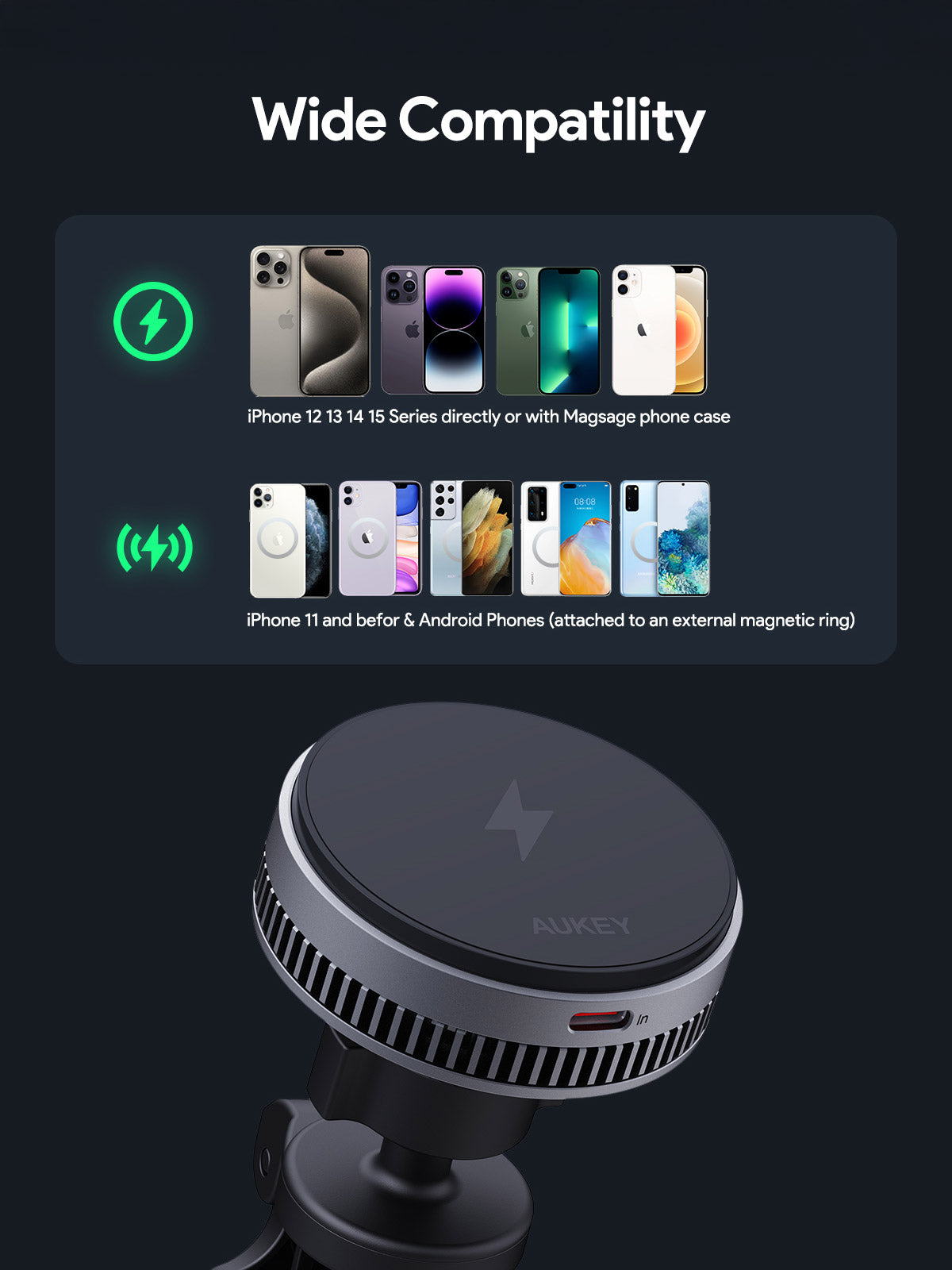 Aukey MagFusion Dash Pro Qi2 Magnetic Fast Wireless Charging Phone Mount with Active Cooling (HD-MC13A) V1089-LLTSN1055864