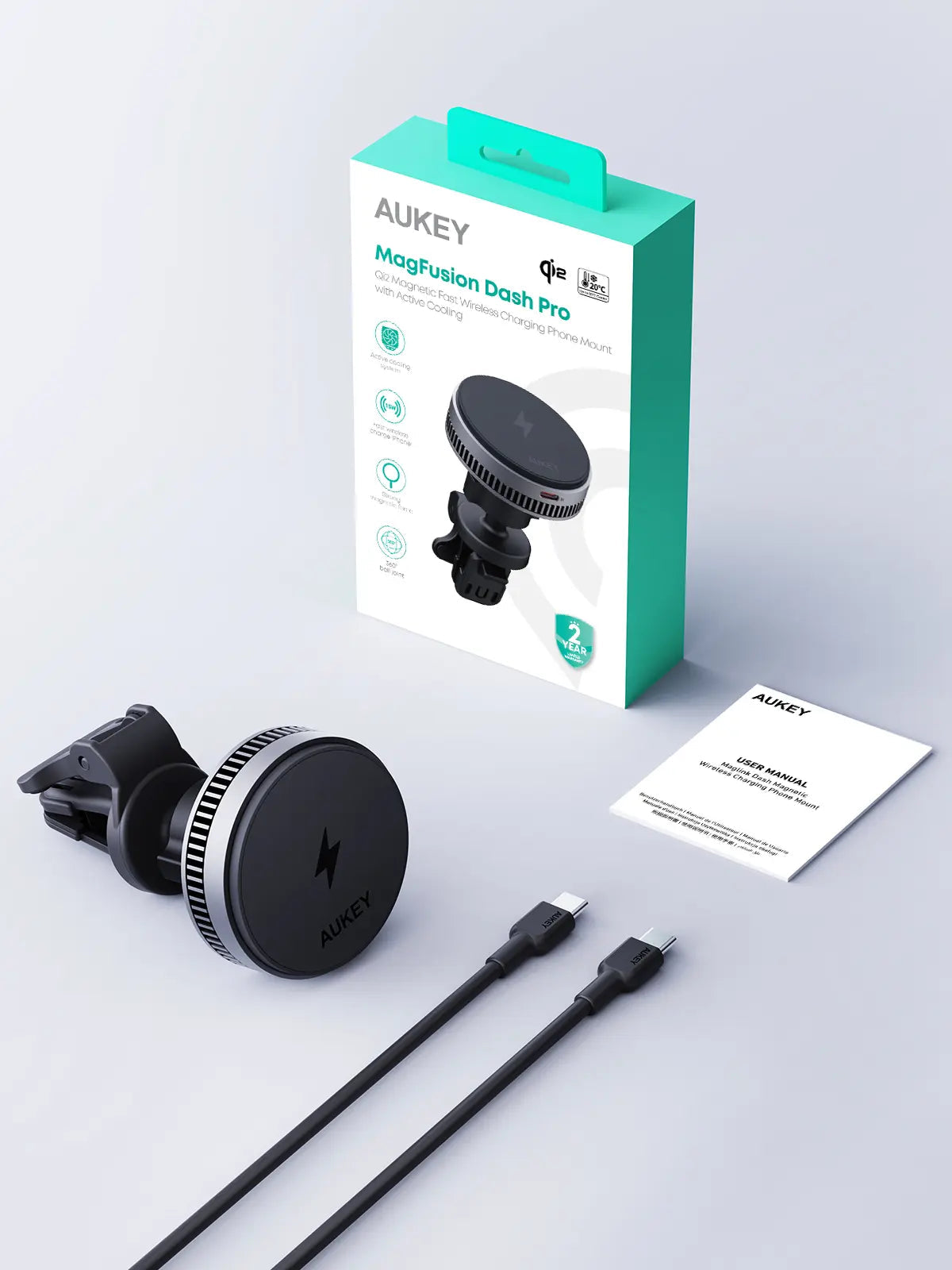 Aukey MagFusion Dash Pro Qi2 Magnetic Fast Wireless Charging Phone Mount with Active Cooling (HD-MC13A) V1089-LLTSN1055864