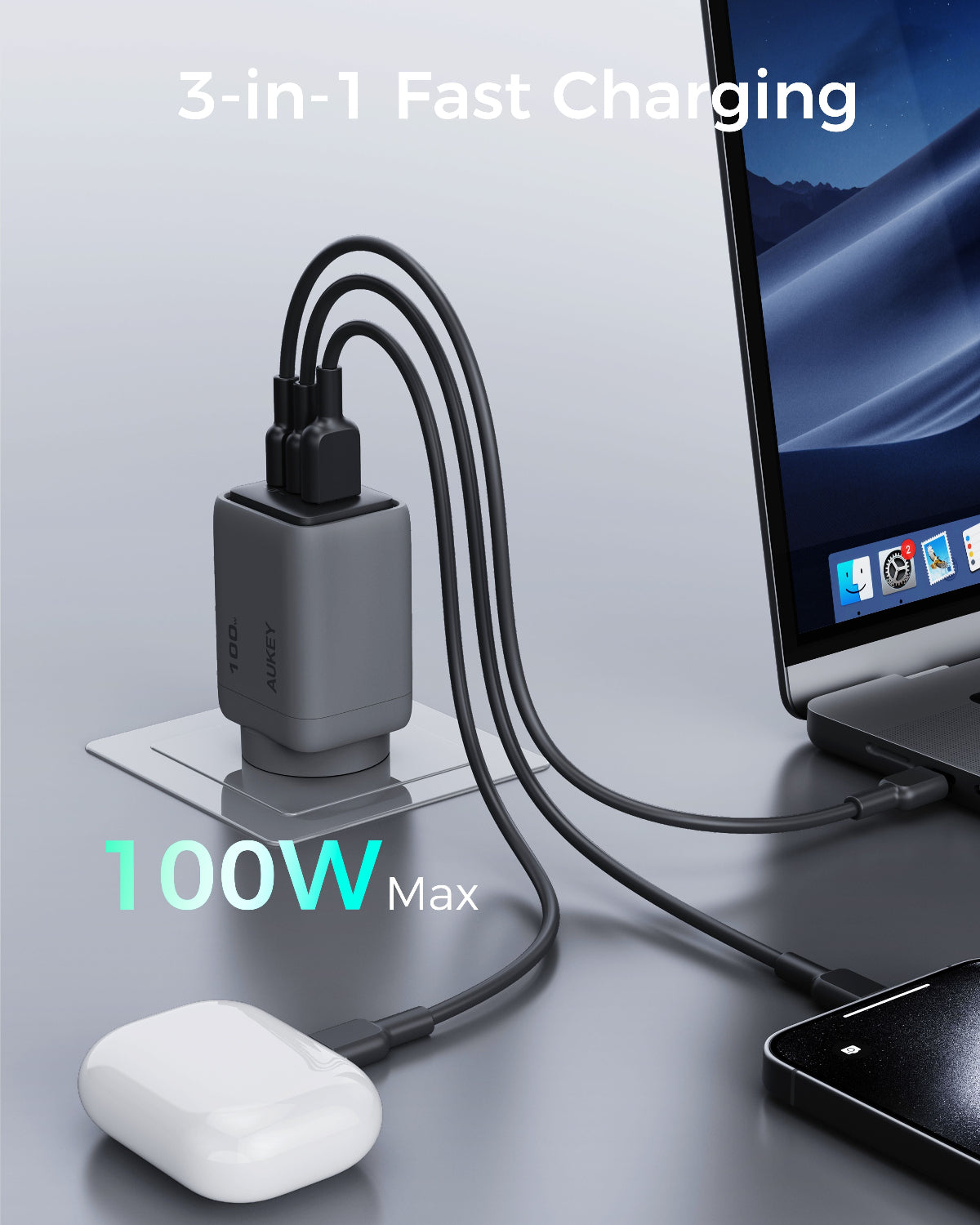Aukey Comet 100W PD Fast Wall Charger GaN USB-C with 100W 1.8m USB-C to C Cable (PA-C5) V1089-LLYSAUN1064060
