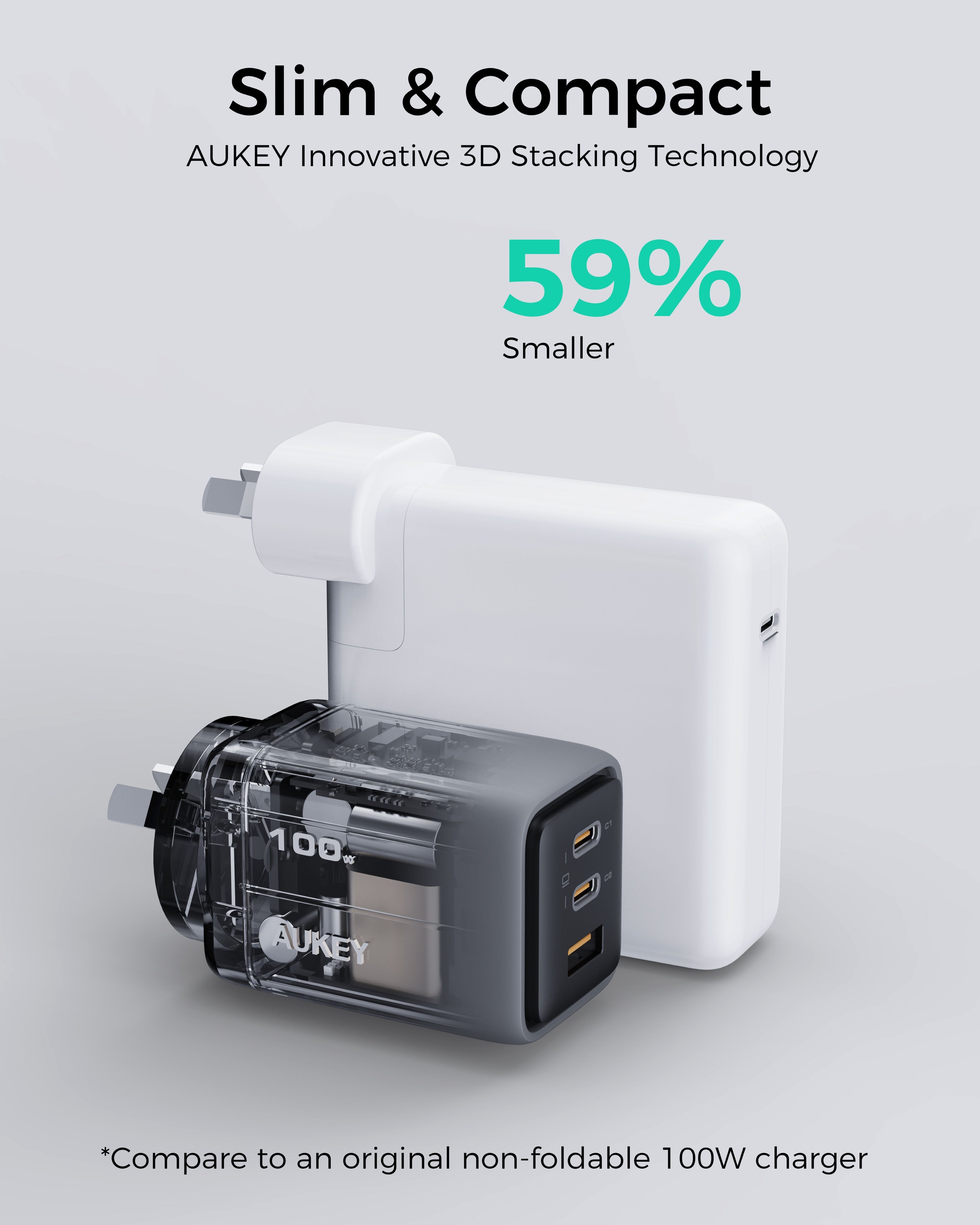 Aukey Comet 100W PD Fast Wall Charger GaN USB-C with 100W 1.8m USB-C to C Cable (PA-C5) V1089-LLYSAUN1064060