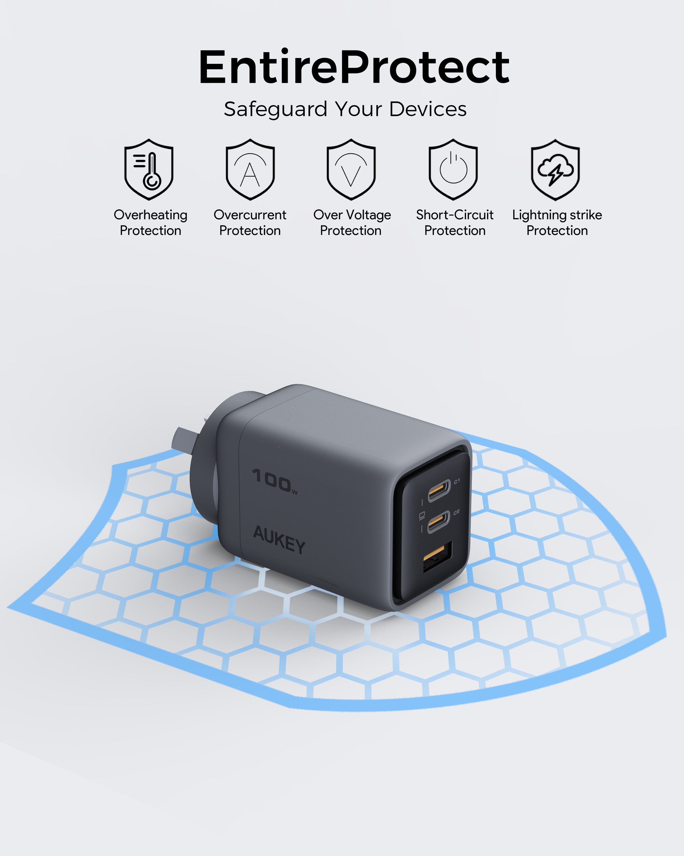 Aukey Comet 100W PD Fast Wall Charger GaN USB-C with 100W 1.8m USB-C to C Cable (PA-C5) V1089-LLYSAUN1064060