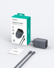 Aukey Comet 100W PD Fast Wall Charger GaN USB-C with 100W 1.8m USB-C to C Cable (PA-C5) V1089-LLYSAUN1064060