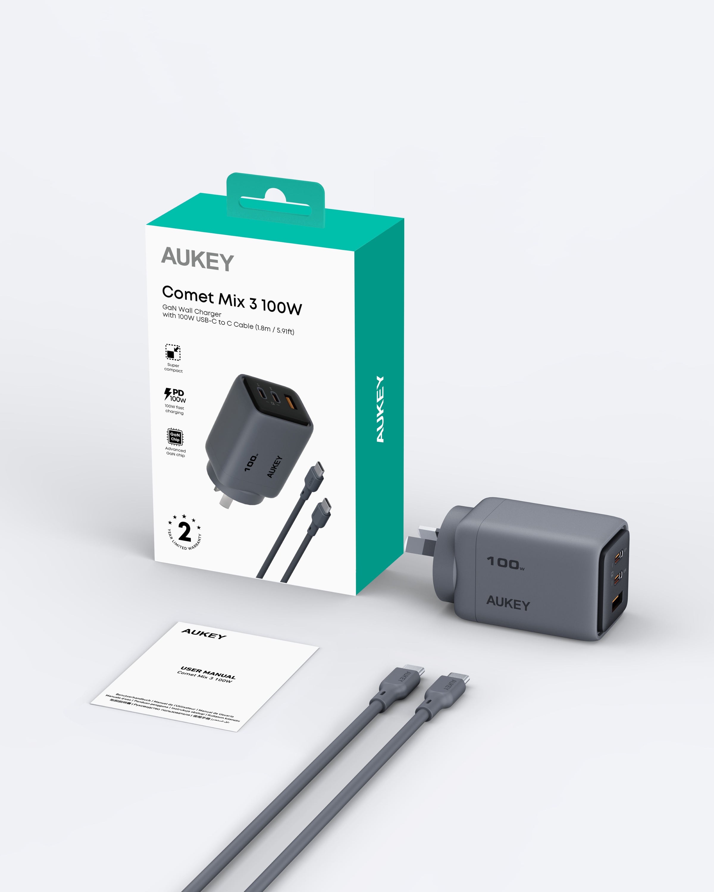 Aukey Comet 100W PD Fast Wall Charger GaN USB-C with 100W 1.8m USB-C to C Cable (PA-C5) V1089-LLYSAUN1064060