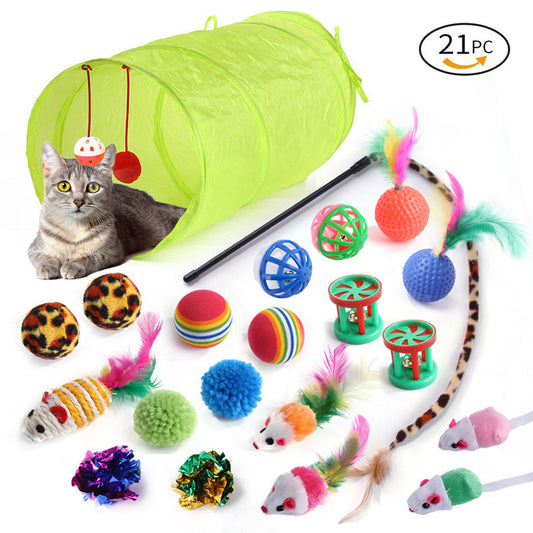pet products Super Set (21 Pcs) - Cat Tunnel, Teaser, Mice, Jingle Balls, & Pom Poms. (Note: accessory colors V1091-CWWJ21PCS