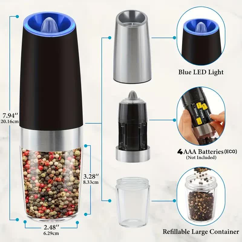 Gravity Electric Salt and Pepper Grinder Set, Battery Powered LED Light One Hand Automatic Operation, V1091-HJYMQ-1PCS