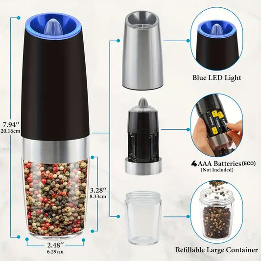 Gravity Electric Salt and Pepper Grinder Set, Battery Powered LED Light One Hand Automatic Operation, V1091-HJYMQ-1PCS
