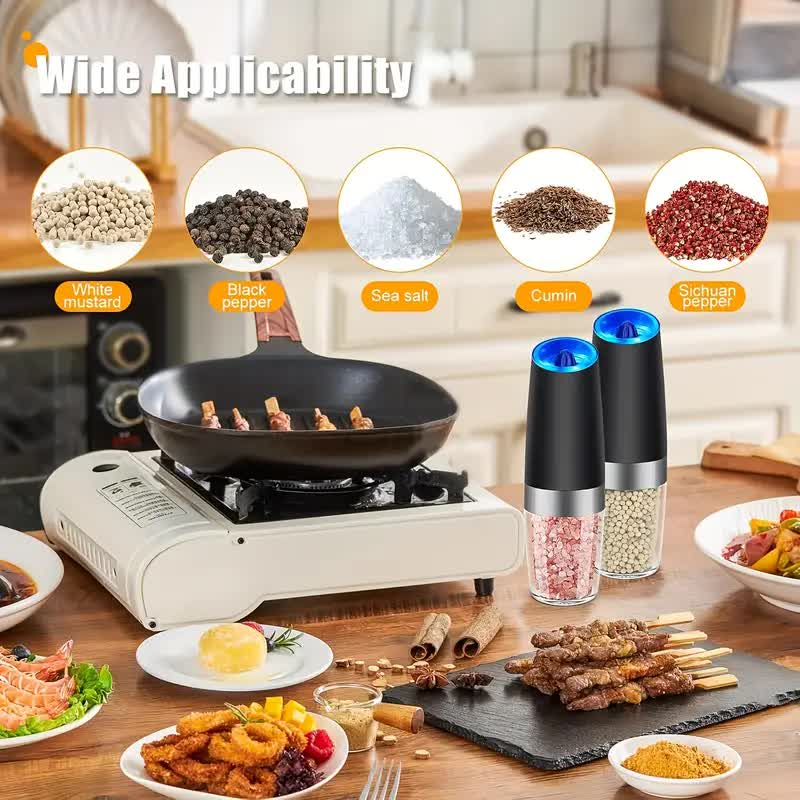 Gravity Electric Salt and Pepper Grinder Set, Battery Powered LED Light One Hand Automatic Operation, V1091-HJYMQ-1PCS