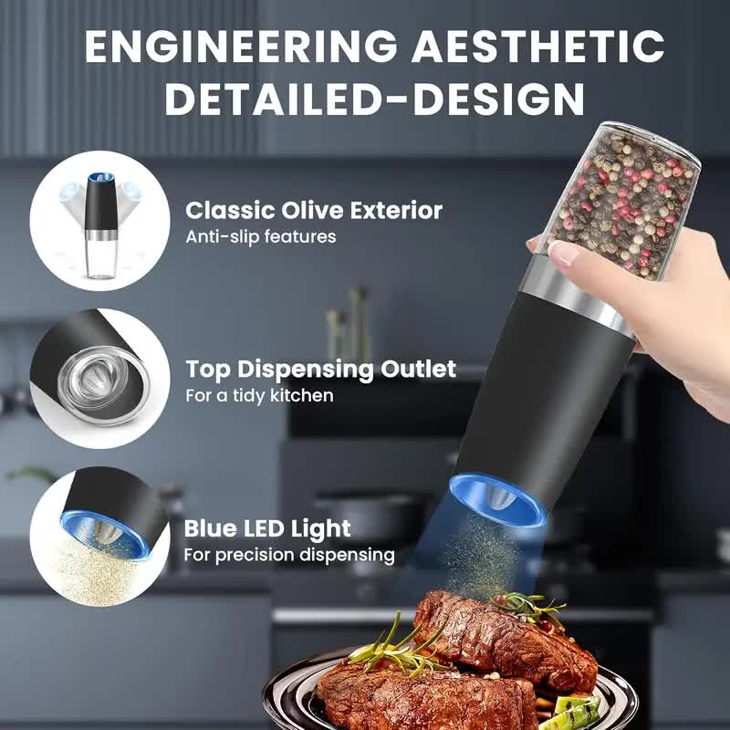 Gravity Electric Salt and Pepper Grinder Set, Battery Powered LED Light One Hand Automatic Operation, V1091-HJYMQ-1PCS