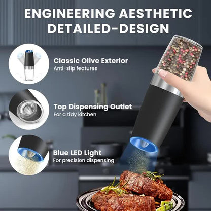 Gravity Electric Salt and Pepper Grinder Set, Battery Powered LED Light One Hand Automatic Operation, V1091-HJYMQ-1PCS