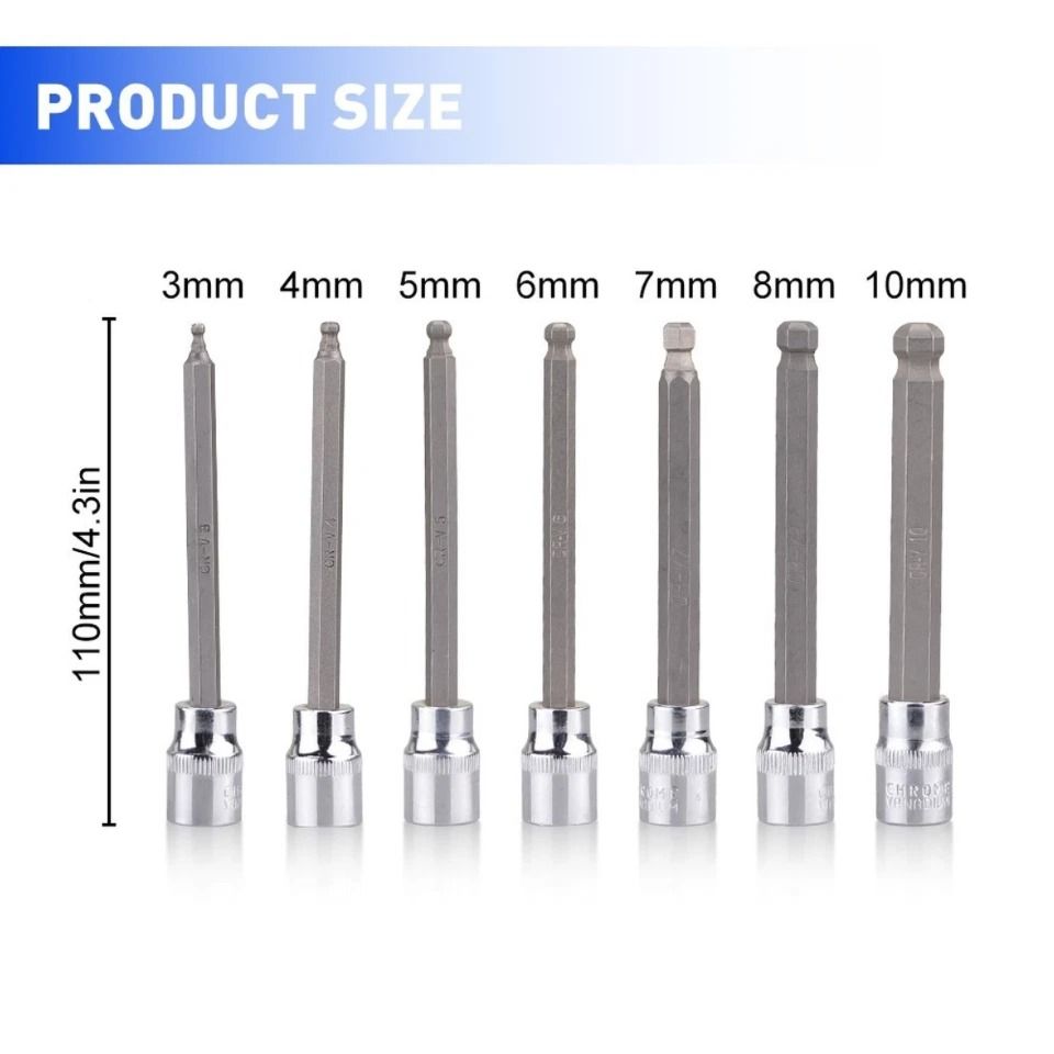 7-Pieces 3/8"Drive Extra Long Ball-End Hex Bit Allen Key Socket Set Size H3-H10
