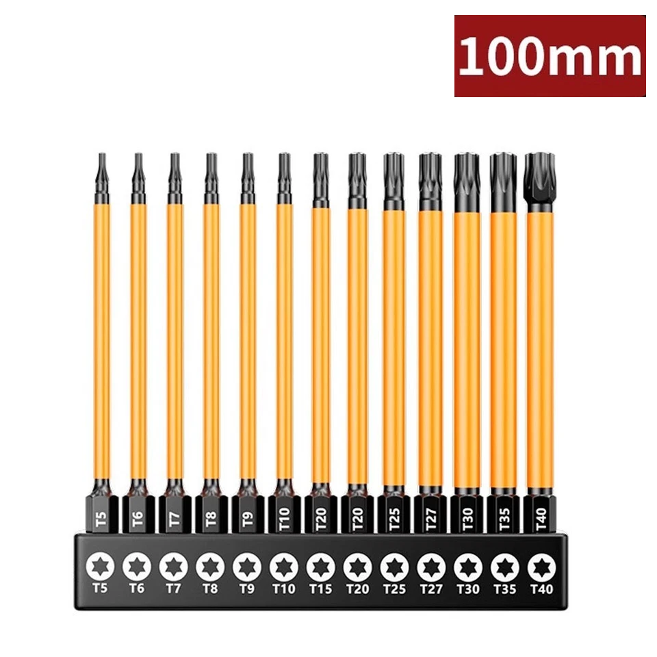 13Pc Magnetic Torx Screwdriver Bit Set 100mm Long Torque Sleeve T5-T40