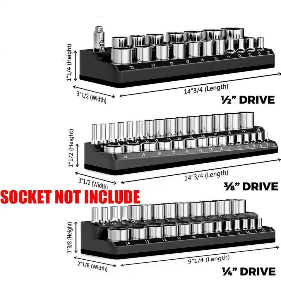 6PCS 1/4" 3/8" 1/2" 143 Slot Magnetic Socket Organizer Storage Holder Trays Set