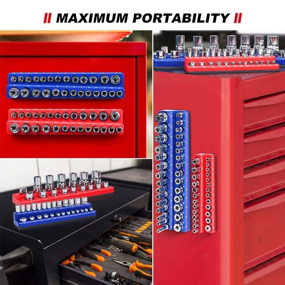 6PCS 1/4" 3/8" 1/2" 143 Slot Magnetic Socket Organizer Storage Holder Trays Set