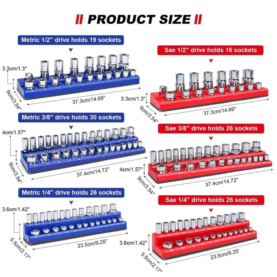 6PCS 1/4" 3/8" 1/2" 143 Slot Magnetic Socket Organizer Storage Holder Trays Set