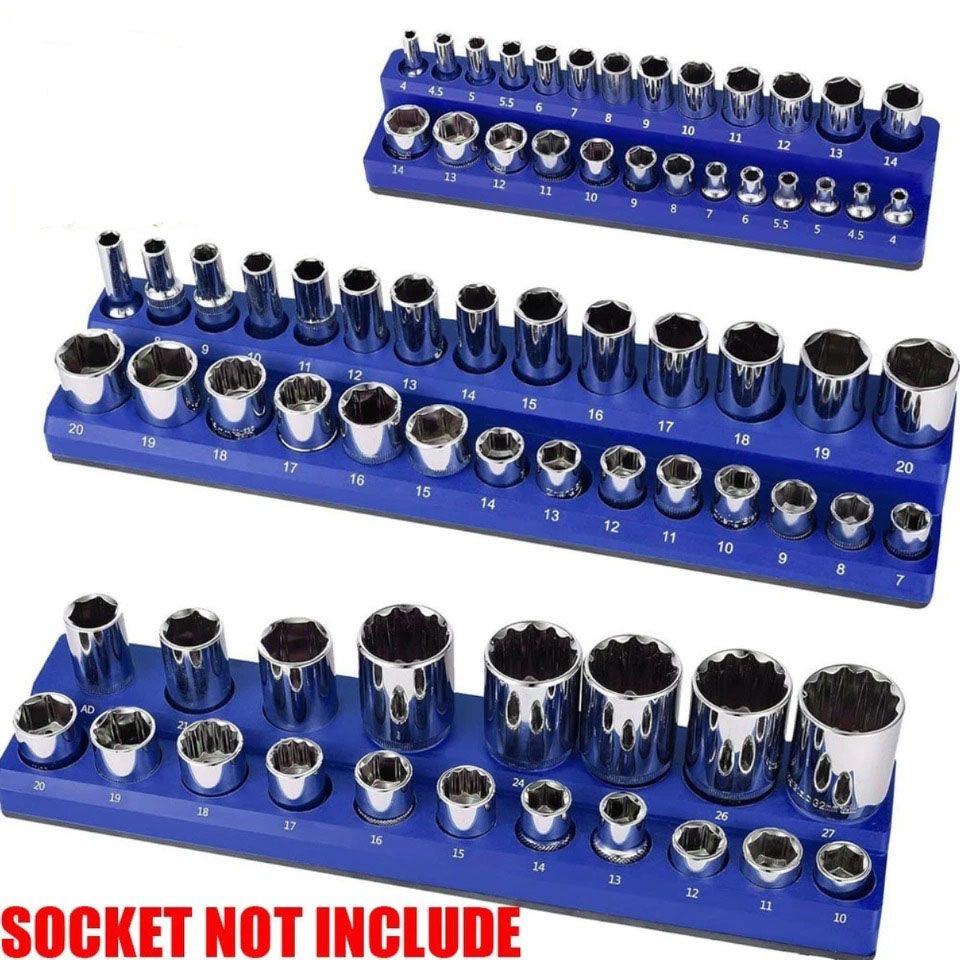 6PCS 1/4" 3/8" 1/2" 143 Slot Magnetic Socket Organizer Storage Holder Trays Set