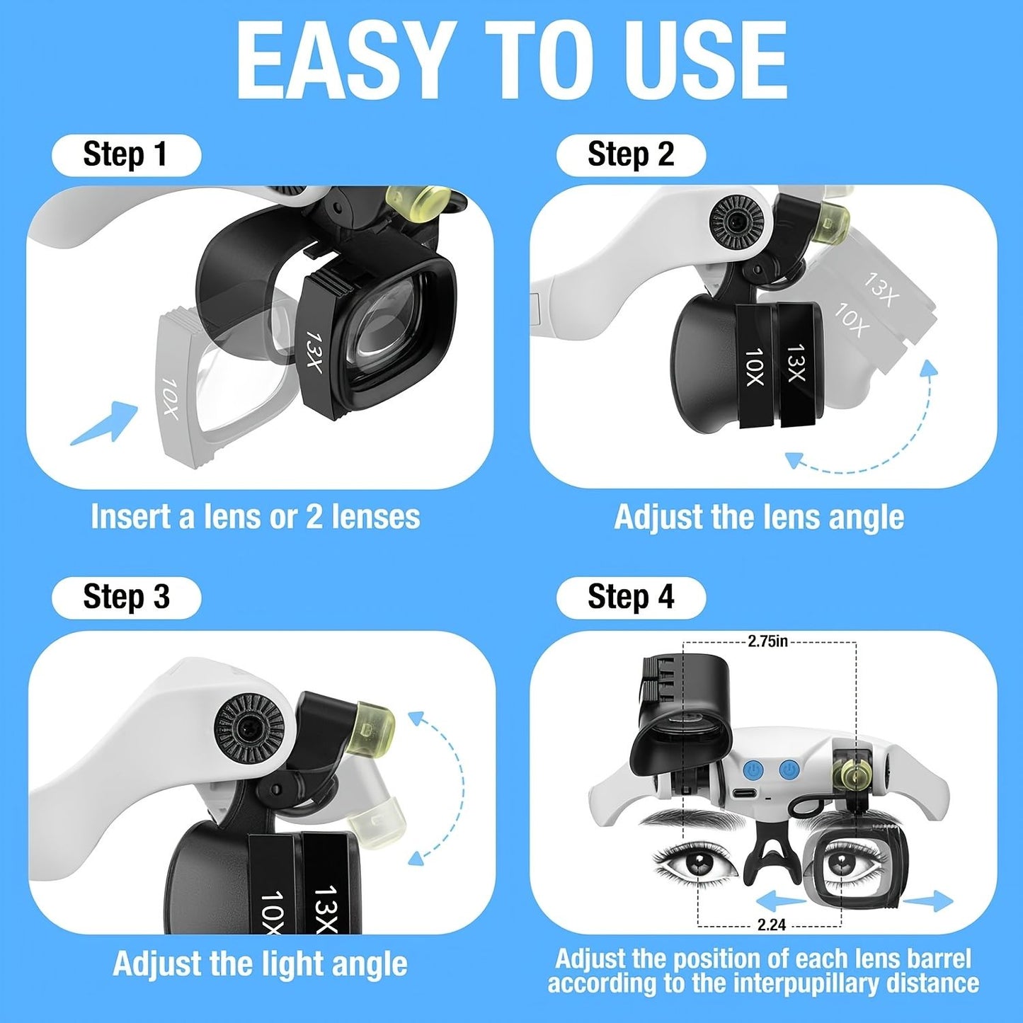 Black binocular magnifying glasses, LED lights, hands-free magnifier, adjustable magnification, high-powered V1102-108-BLA-86711
