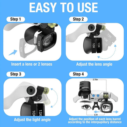 Black binocular magnifying glasses, LED lights, hands-free magnifier, adjustable magnification, high-powered V1102-108-BLA-86711