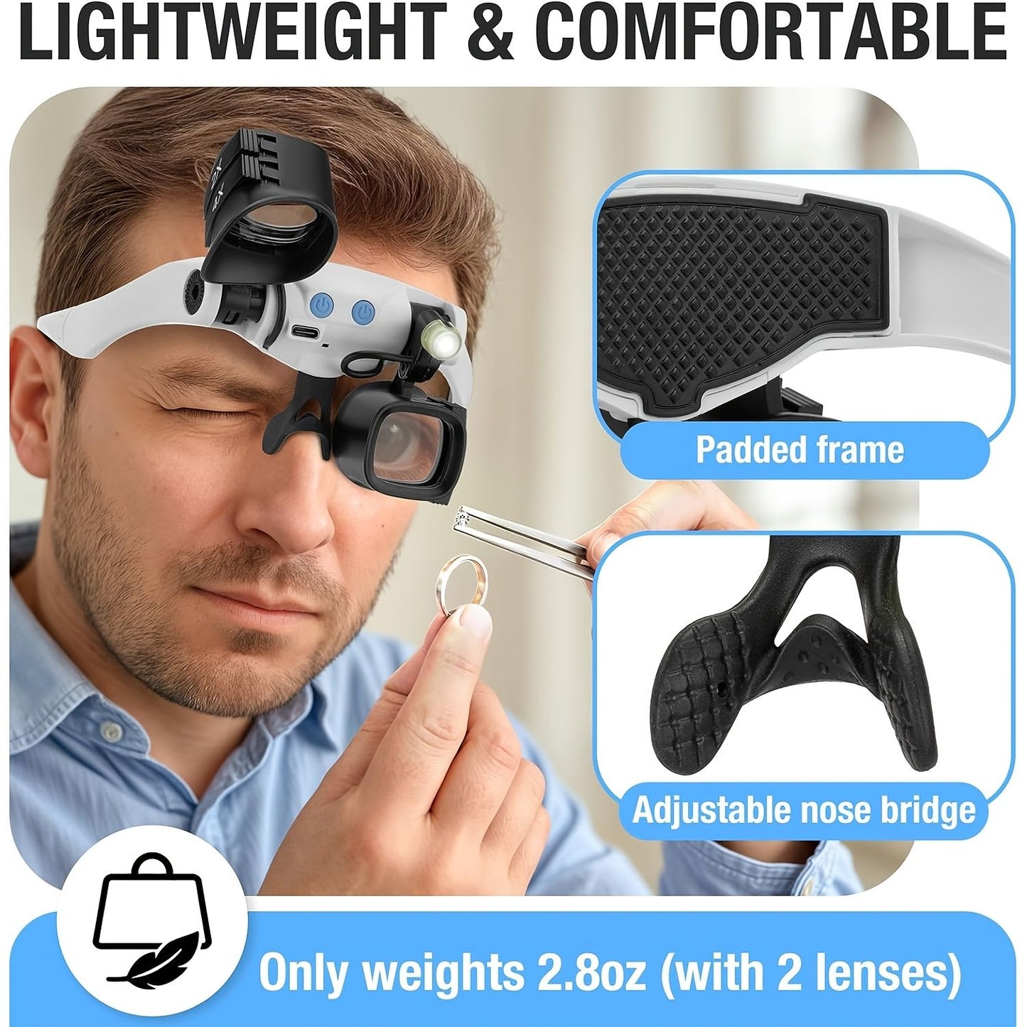 Black binocular magnifying glasses, LED lights, hands-free magnifier, adjustable magnification, high-powered V1102-108-BLA-86711