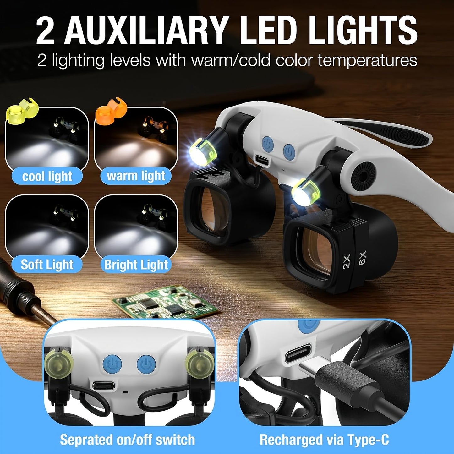 Black binocular magnifying glasses, LED lights, hands-free magnifier, adjustable magnification, high-powered V1102-108-BLA-86711