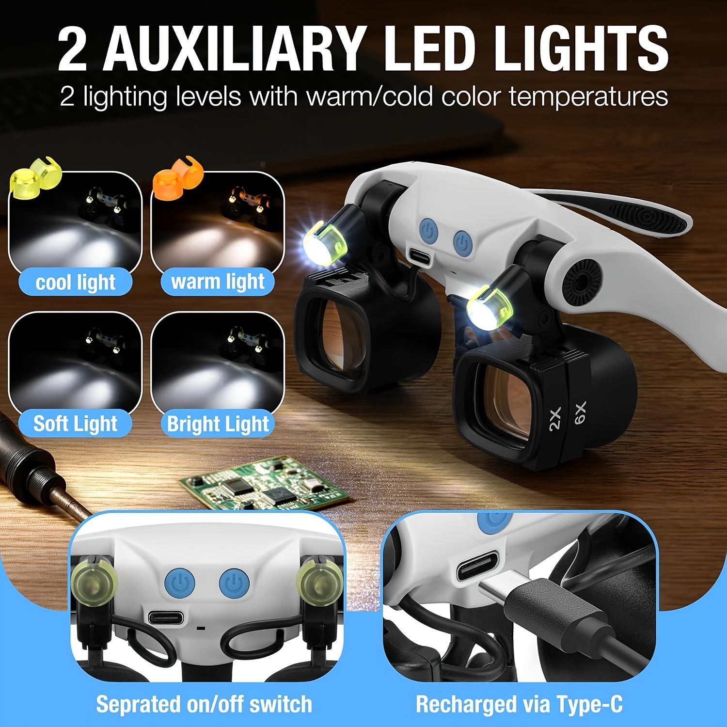Black binocular magnifying glasses, LED lights, hands-free magnifier, adjustable magnification, high-powered V1102-108-BLA-86711