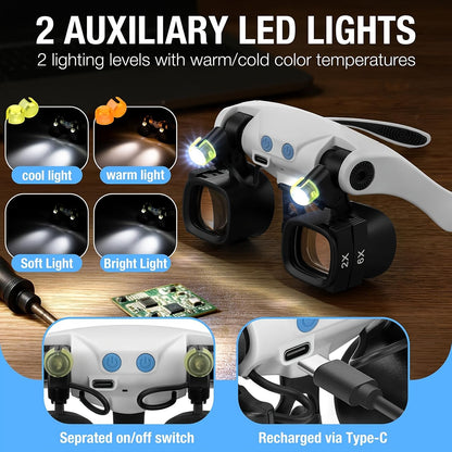 Black binocular magnifying glasses, LED lights, hands-free magnifier, adjustable magnification, high-powered V1102-108-BLA-86711