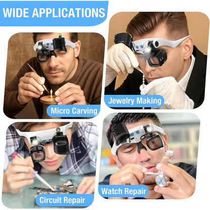 Black binocular magnifying glasses, LED lights, hands-free magnifier, adjustable magnification, high-powered V1102-108-BLA-86711