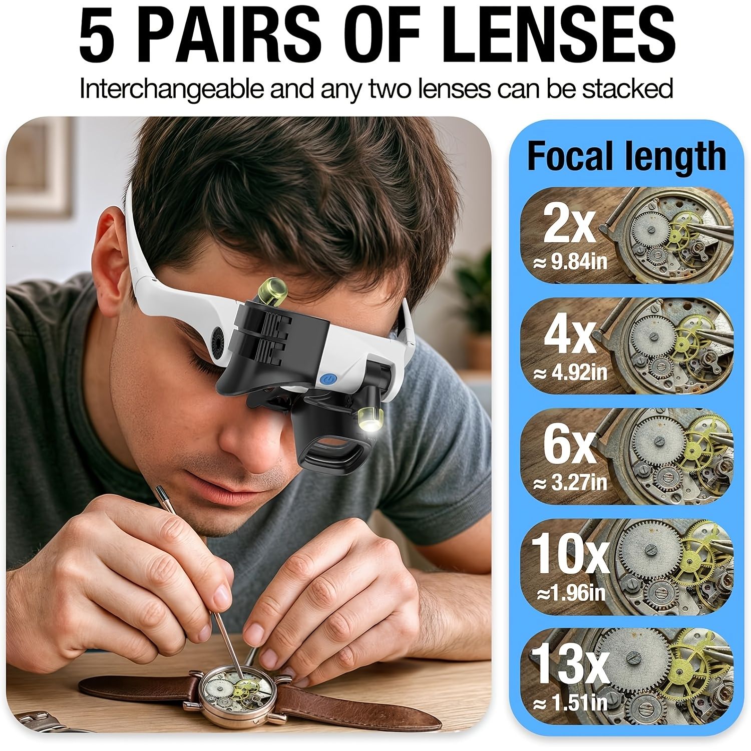 Black binocular magnifying glasses, LED lights, hands-free magnifier, adjustable magnification, high-powered V1102-108-BLA-86711