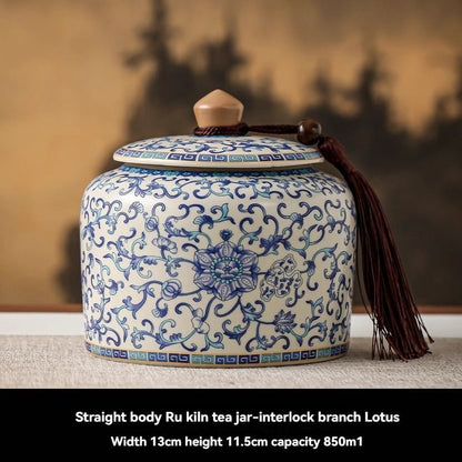 Ru Kiln tea jar, blue-and-white ceramic canister, airtight tea storage, floral tea container, Australian tea accessory - Cyan - Size 2