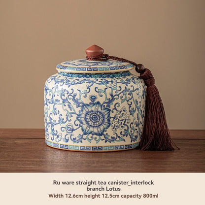 Ru Kiln tea jar, blue-and-white ceramic canister, airtight tea storage, floral tea container, Australian tea accessory - Cyan - Size 4