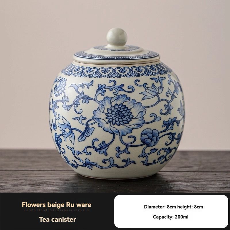 Ru Kiln tea jar, blue-and-white ceramic canister, airtight tea storage, floral tea container, Australian tea accessory - Cyan - Size 5