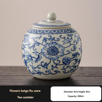 Ru Kiln tea jar, blue-and-white ceramic canister, airtight tea storage, floral tea container, Australian tea accessory - Cyan - Size 5