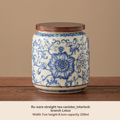Ru Kiln tea jar, blue-and-white ceramic canister, airtight tea storage, floral tea container, Australian tea accessory - Cyan - Size 5