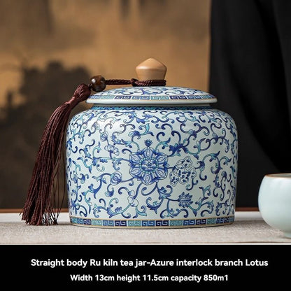 Ru Kiln tea jar, blue-and-white ceramic canister, airtight tea storage, floral tea container, Australian tea accessory - Cyan - Size 5