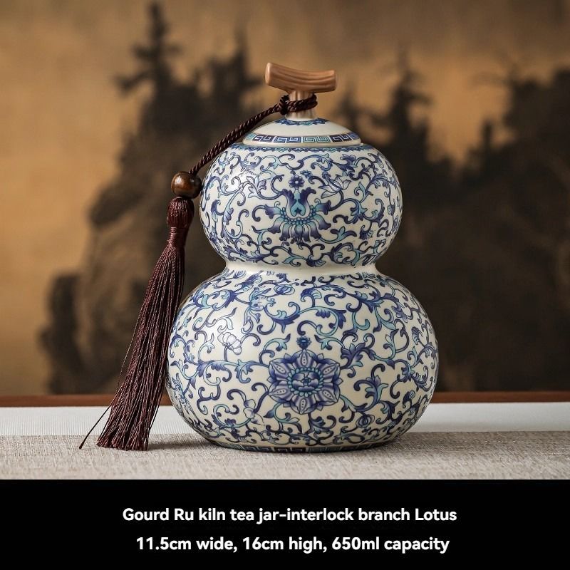 Ru Kiln tea jar, blue-and-white ceramic canister, airtight tea storage, floral tea container, Australian tea accessory - Cyan - Size 8