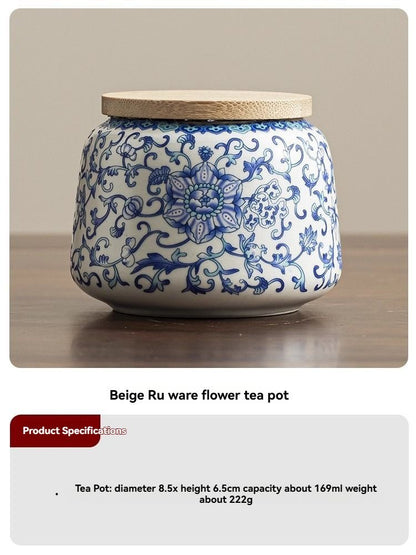 Ru Kiln tea jar, blue-and-white ceramic canister, airtight tea storage, floral tea container, Australian tea accessory - Cyan - Size 9