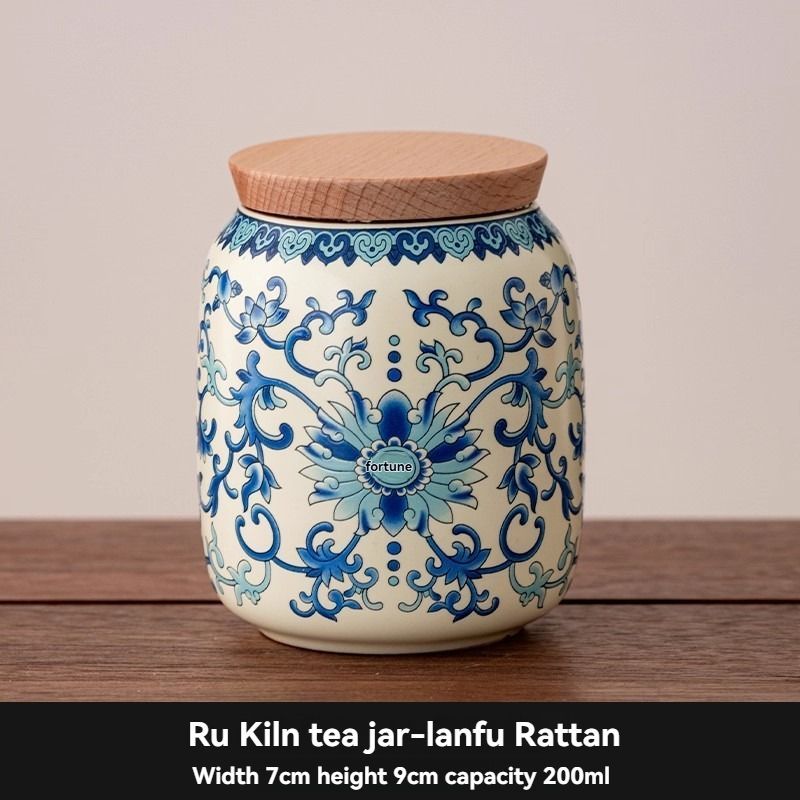 Ru Kiln tea jar, blue-and-white ceramic canister, airtight tea storage, floral tea container, Australian tea accessory - Cyan - Size 9