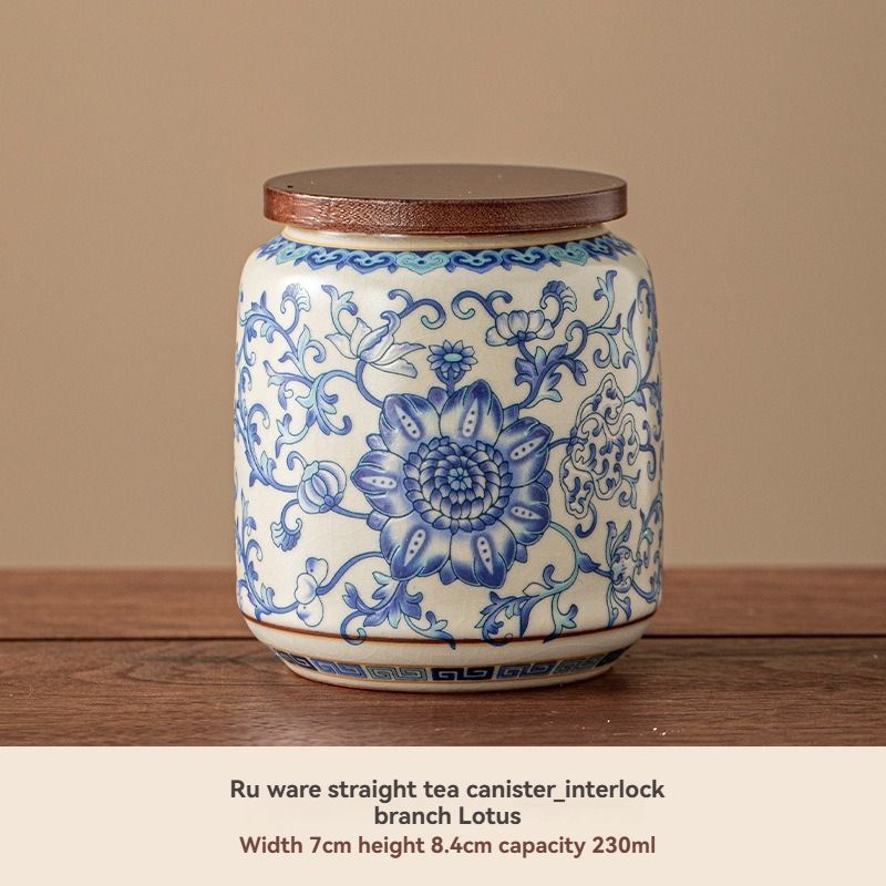 Ru Kiln tea jar, blue-and-white ceramic canister, airtight tea storage, floral tea container, Australian tea accessory - Cyan - Size 9