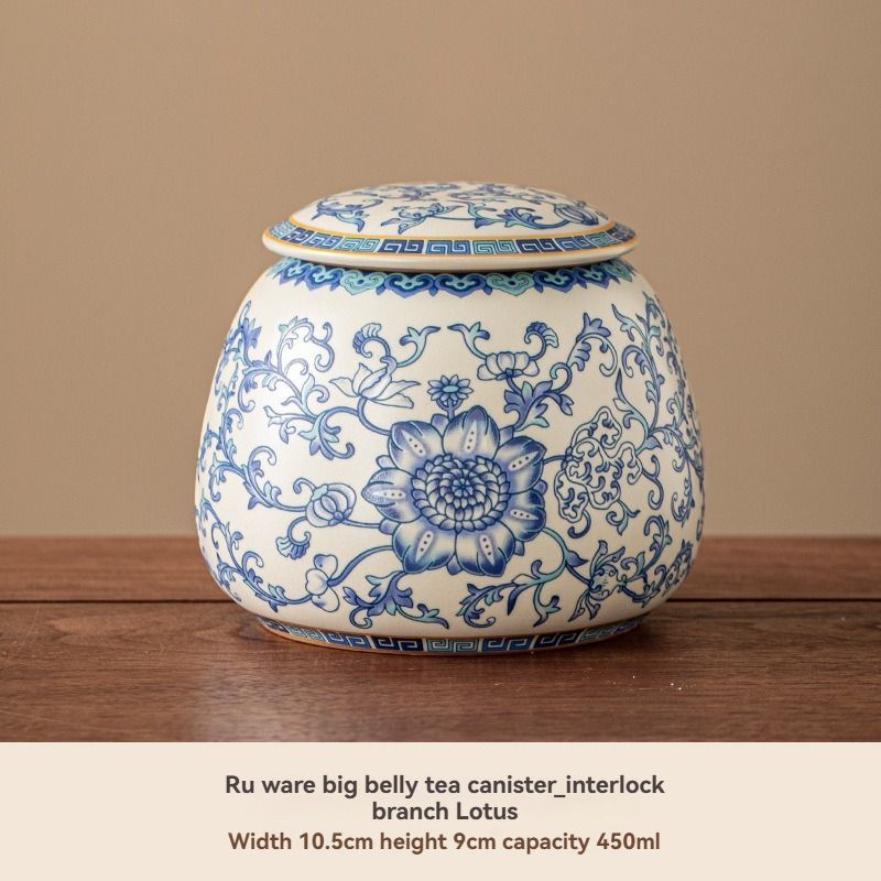 Ru Kiln tea jar, blue-and-white ceramic canister, airtight tea storage, floral tea container, Australian tea accessory - Cyan - Size 9