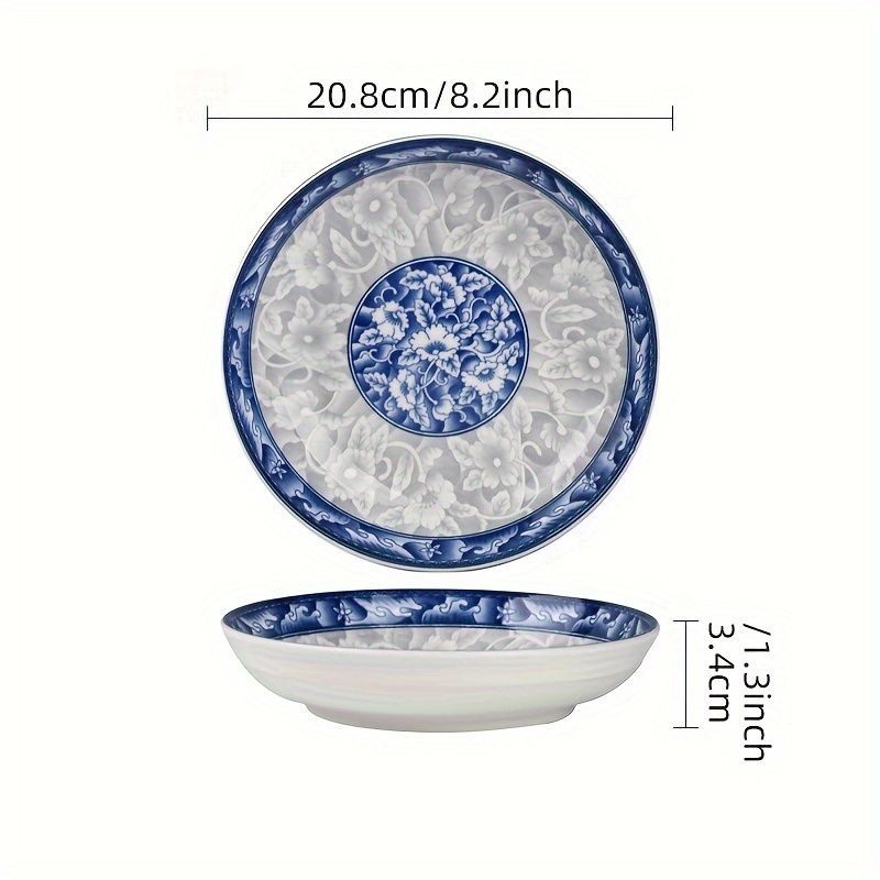 blue-and-white porcelain plate, 8.2-inch ceramic plate, floral design plate, microwave safe plate, Chinese style plate, festive dining plate, traditional Chinese porcelain, round ceramic plate, gift idea, elegant tableware - Cyan - Size 6pcs