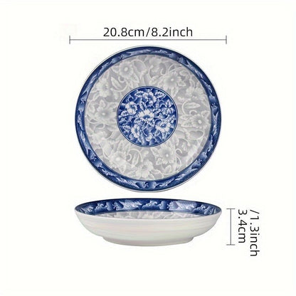 blue-and-white porcelain plate, 8.2-inch ceramic plate, floral design plate, microwave safe plate, Chinese style plate, festive dining plate, traditional Chinese porcelain, round ceramic plate, gift idea, elegant tableware - Cyan - Size 6pcs